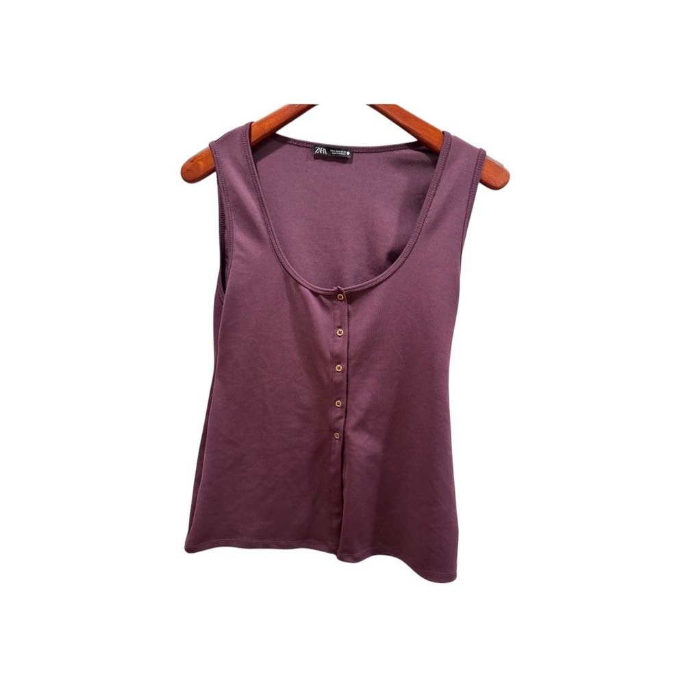 Zara Plum Purple Ribbed Button Front Scoop Neck Tank Top Medium 1165/492/606‎